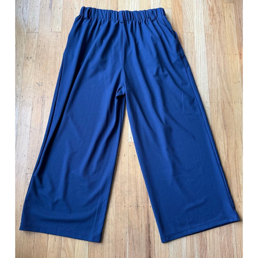 Halara Blue Pull On High Rise Pleated Wide Leg Stretch Knit Trouser Pants Sz LP - Picture 7 of 15